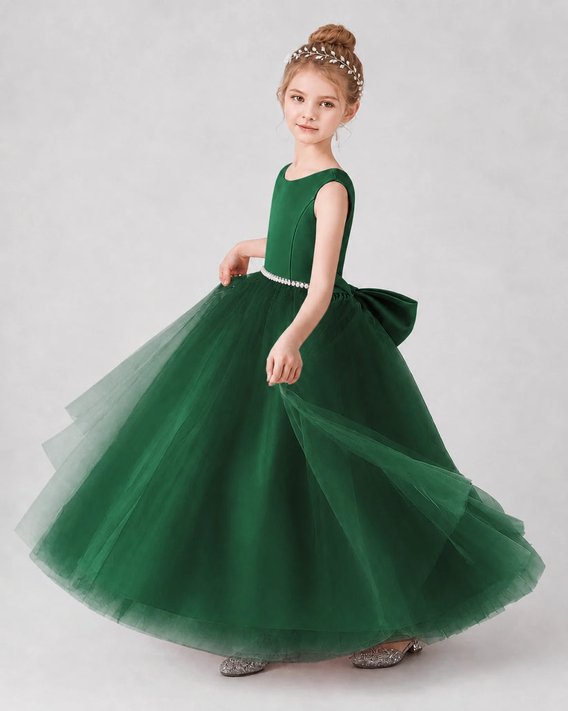 Dark Green Satin Tulle A-line Girls Formal Dress Side View