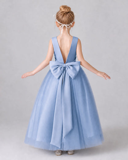 Dusty Blue Satin Tulle A-line Girls Formal Dress Back View
