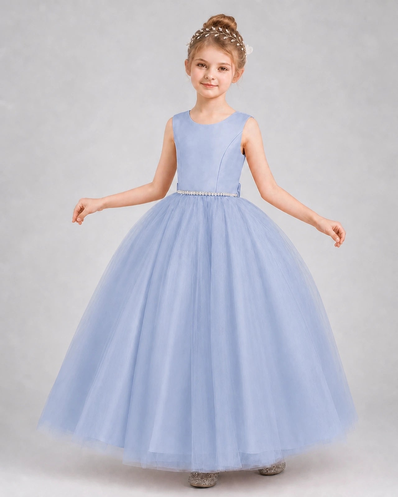 Dusty Blue Satin Tulle Ball Gown Girls Formal Dress Front View