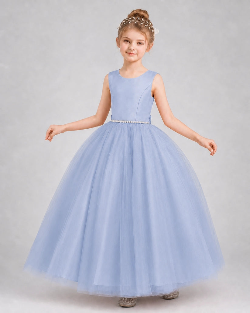 Dusty Blue Satin Tulle Ball Gown Girls Formal Dress Front View