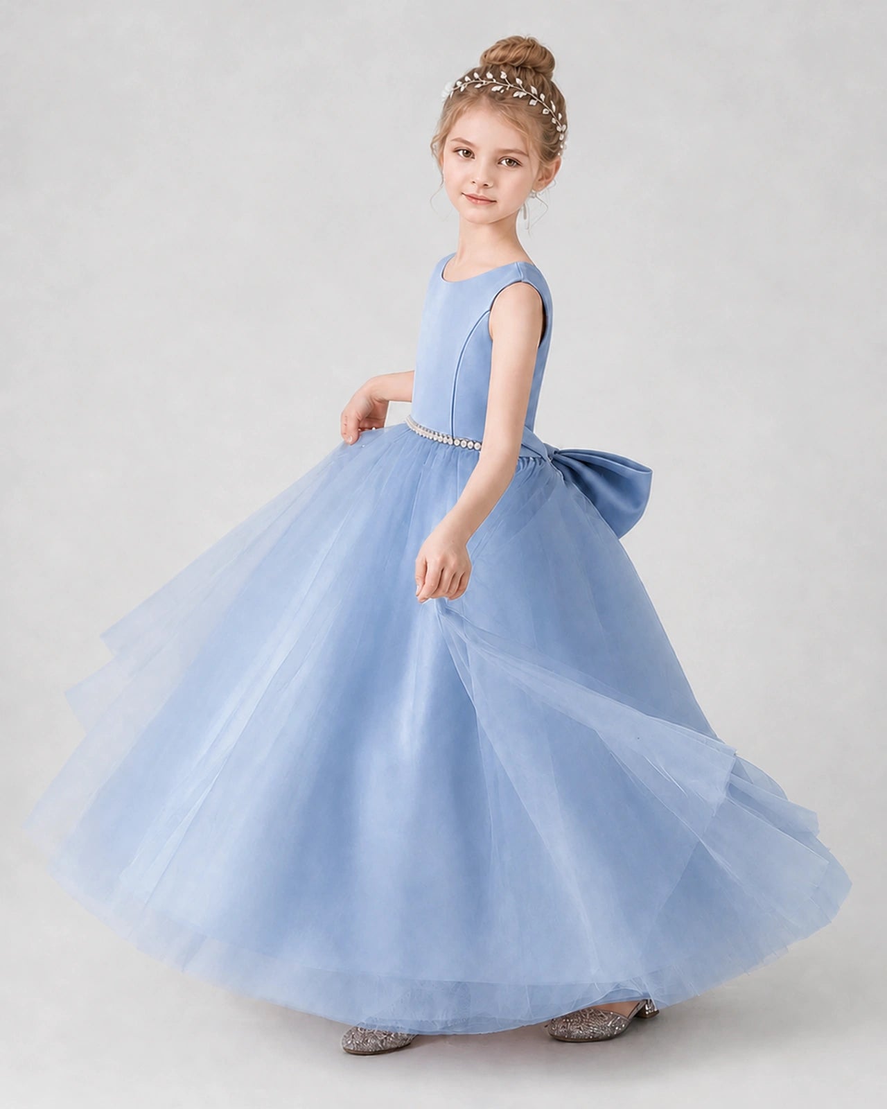 Dusty Blue Satin Tulle Ball Gown Girls Formal Dress Side View