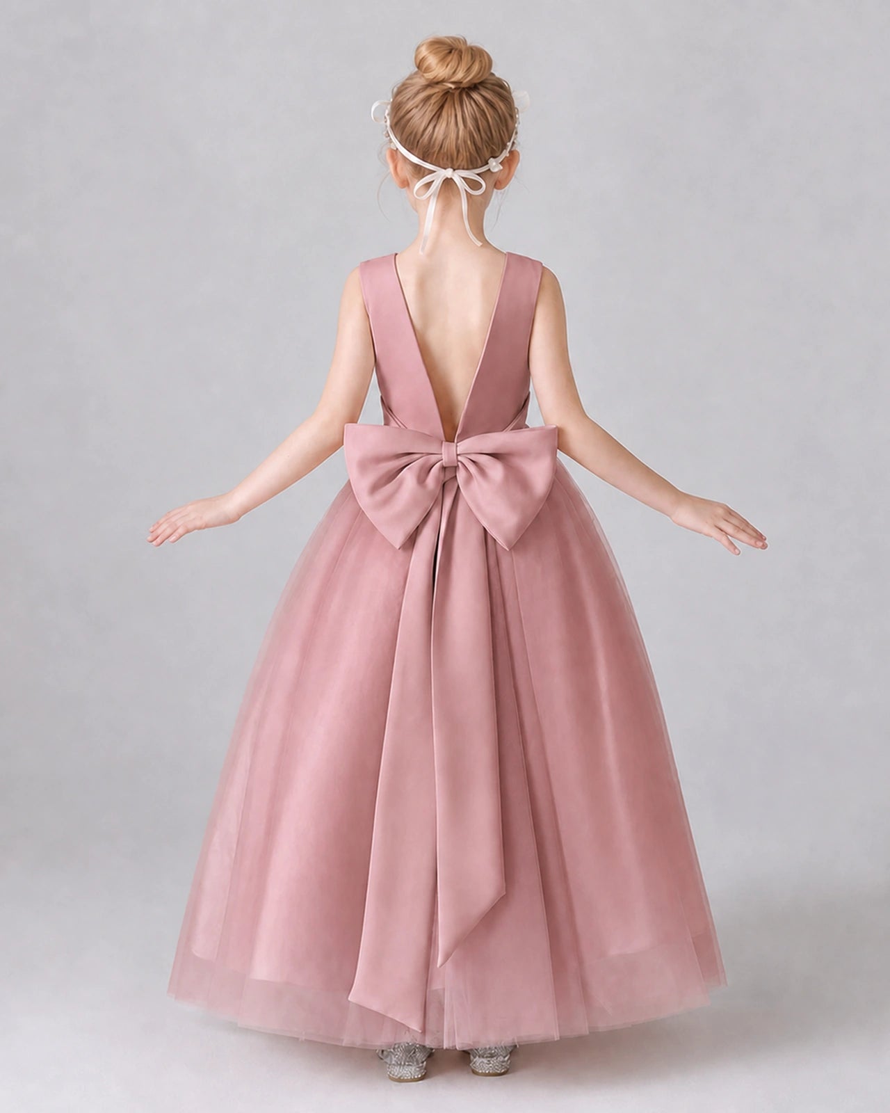 Dusty Rose Satin Tulle A-line Girls Formal Dress Back View