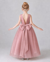 Dusty Rose Satin Tulle A-line Girls Formal Dress Back View