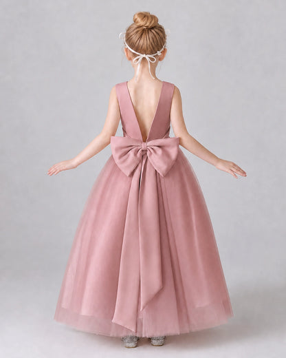 Dusty Rose Satin Tulle A-line Girls Formal Dress Back View
