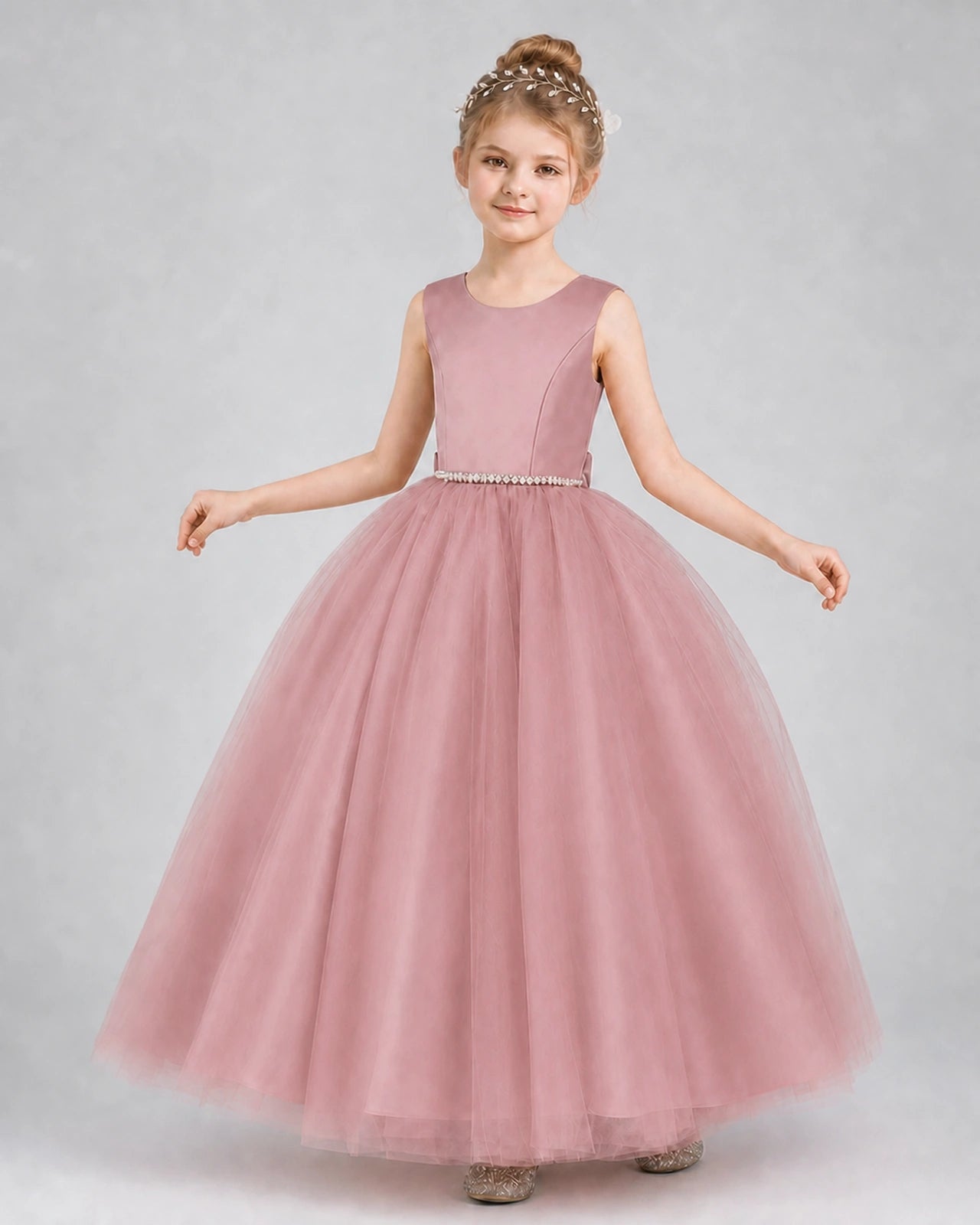 Dusty Rose Satin and Tulle Ball Gown Girls Formal Dress Front View