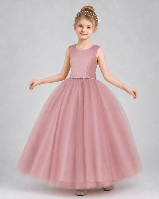 Dusty Rose Satin and Tulle Ball Gown Girls Formal Dress Front View