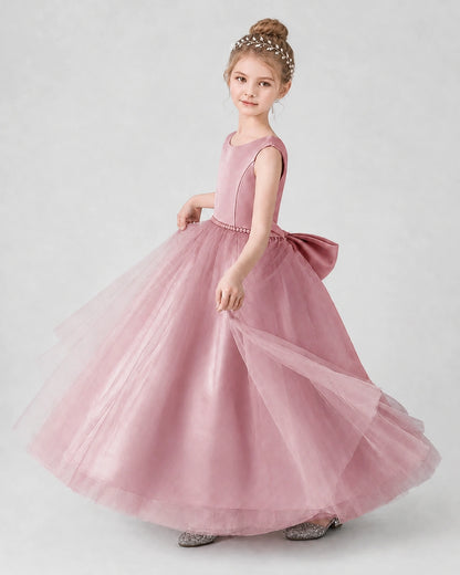 Dusty Rose Satin Tulle A-line Girls Formal Dress Side View