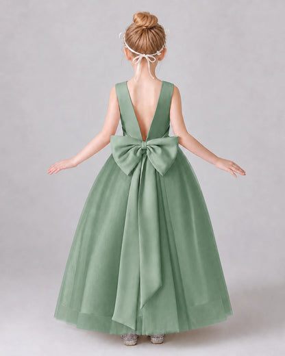 Eucalyptus Satin Tulle A-line Girls Formal Dress Back View