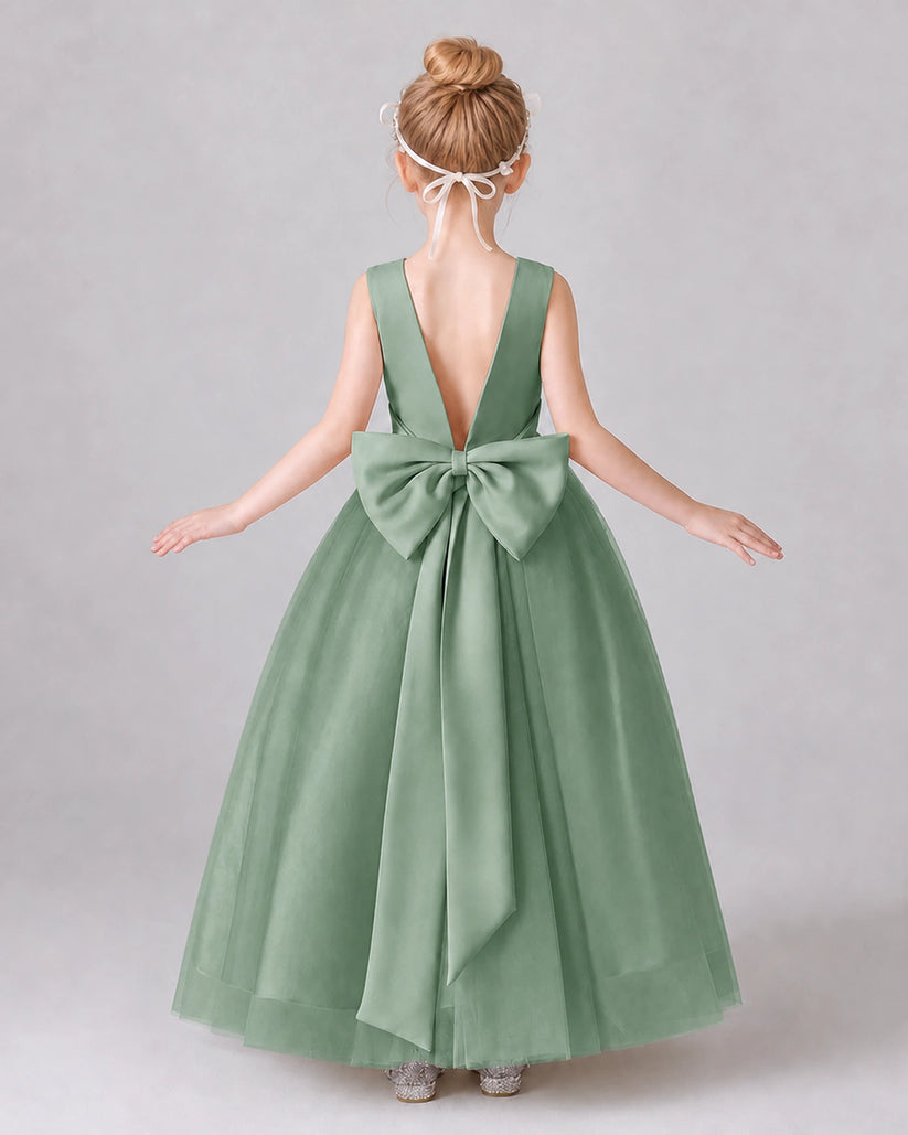 Eucalyptus Satin Tulle A-line Girls Formal Dress Back View