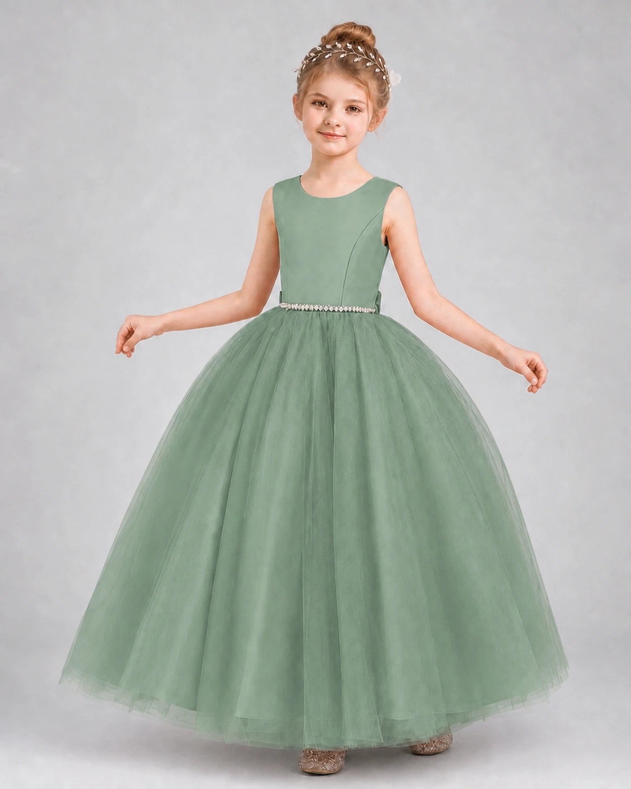 Eucalyptus Satin Tulle Ball Gown Girls Formal Dress Front View