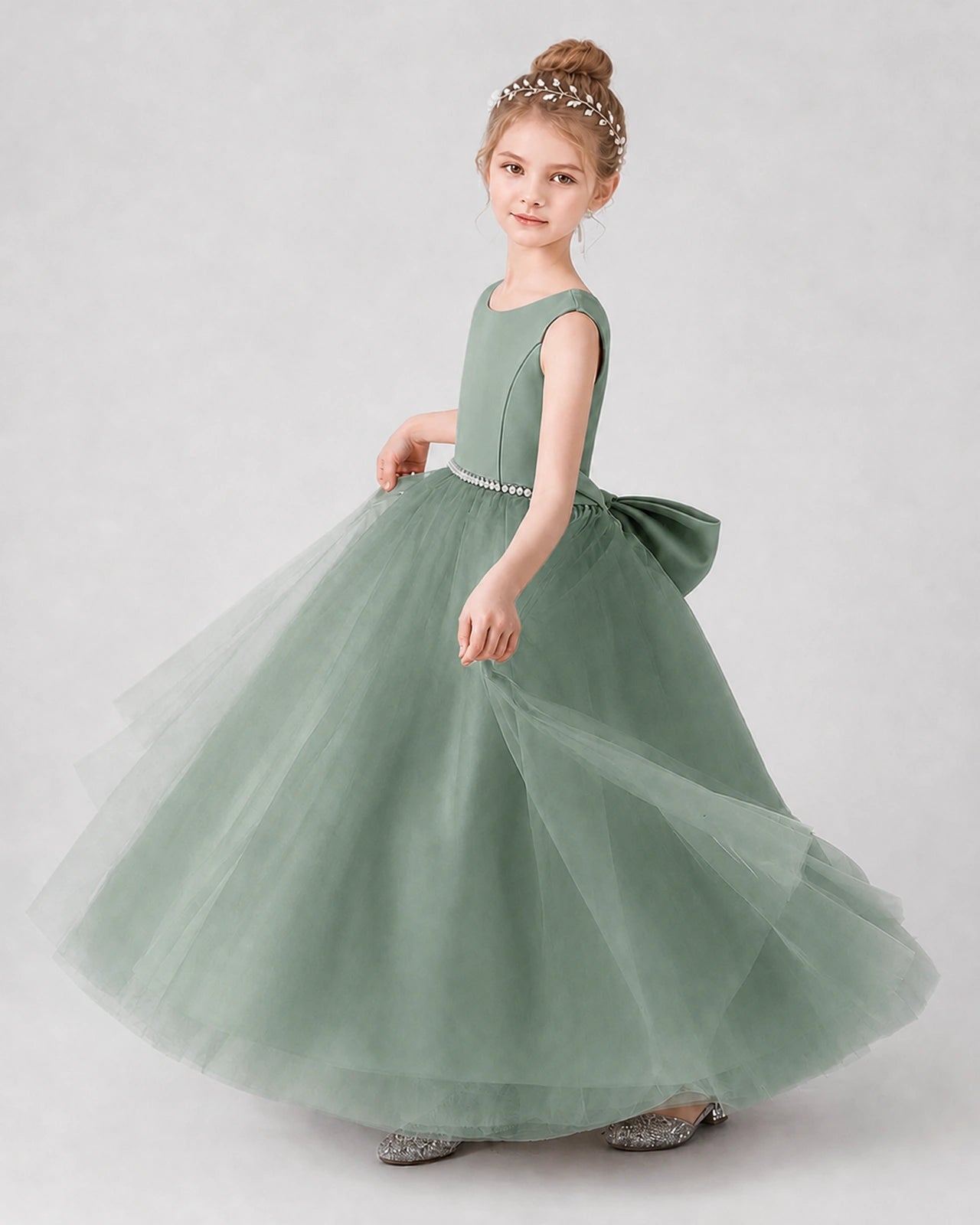 Eucalyptus Satin Tulle Ball Gown Girls Formal Dress Side View