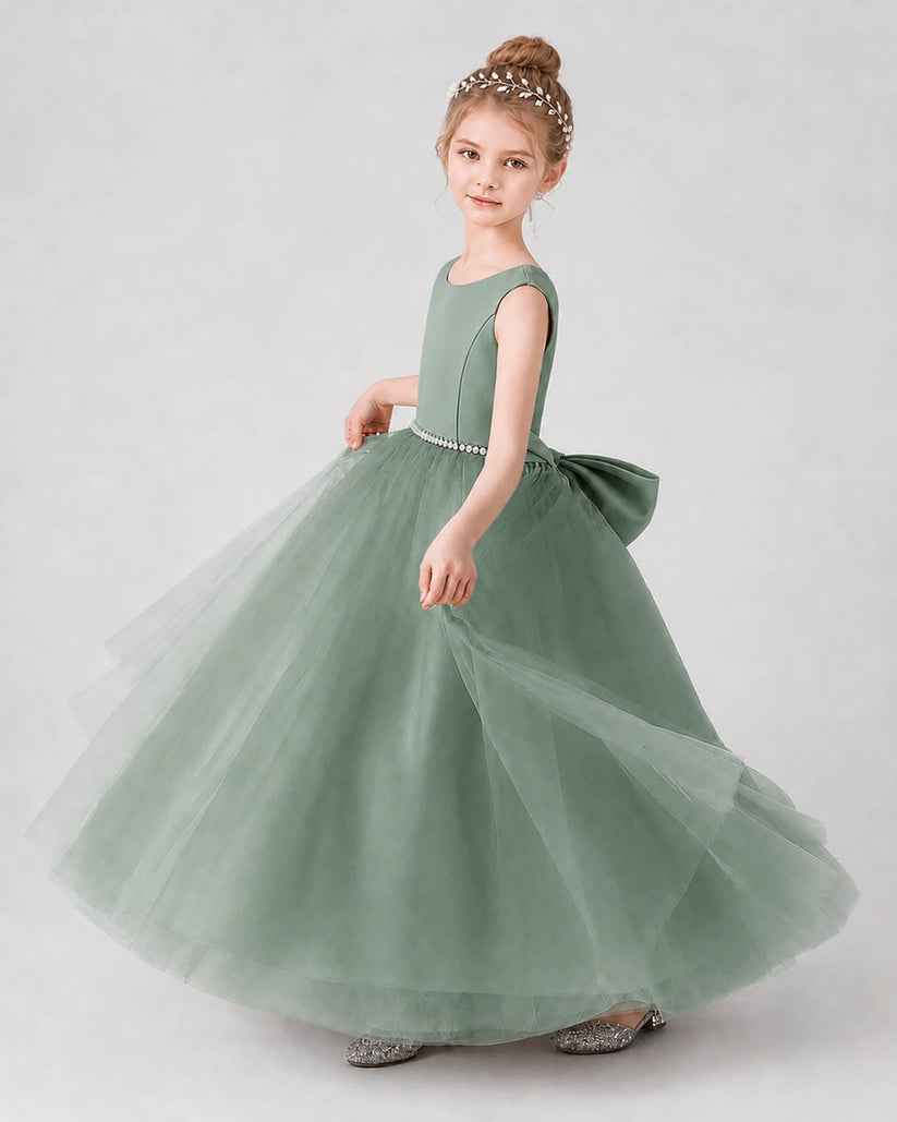 Eucalyptus Satin Tulle Ball Gown Girls Formal Dress Side View