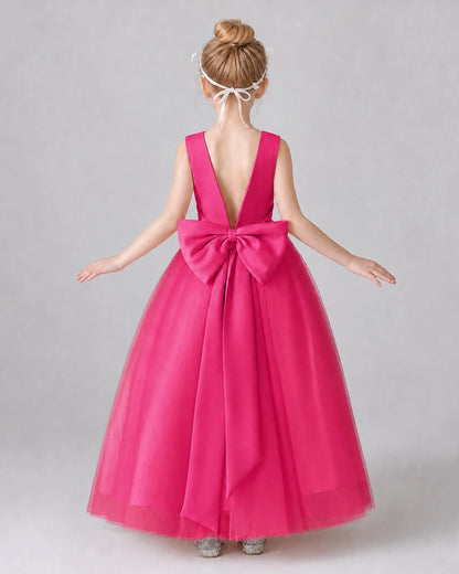 Hot Pink Satin Tulle A-line Girls Formal Dress Back View