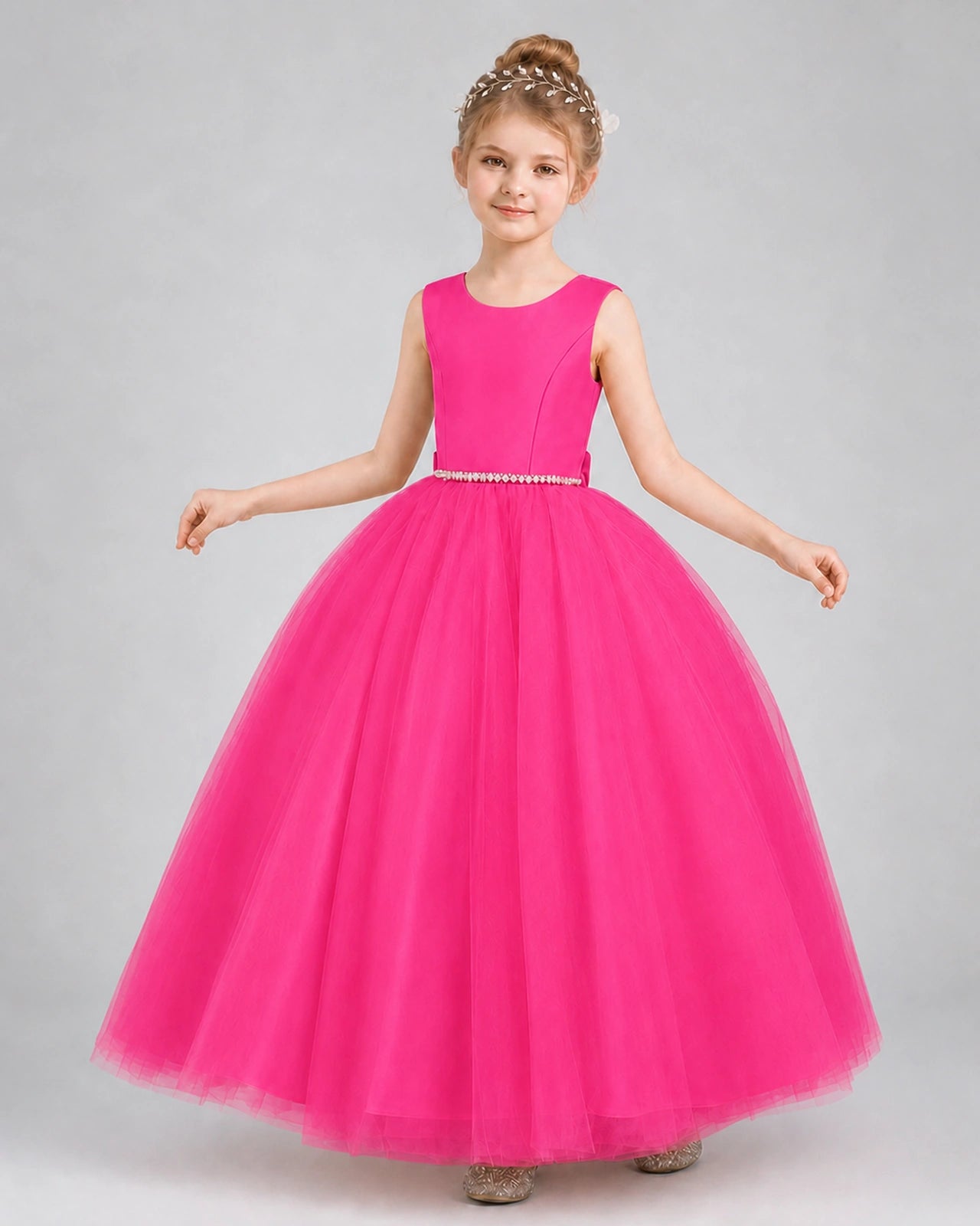 Hot Pink Satin Tulle Ball Gown Girls Formal Dress Front View