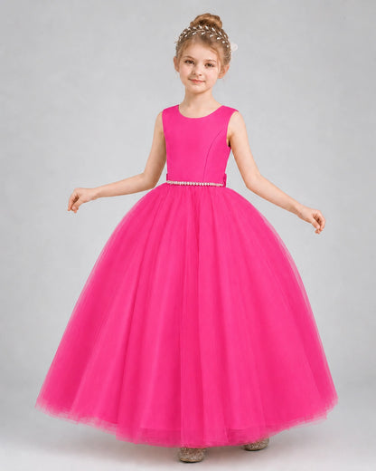 Hot Pink Satin Tulle Ball Gown Girls Formal Dress Front View