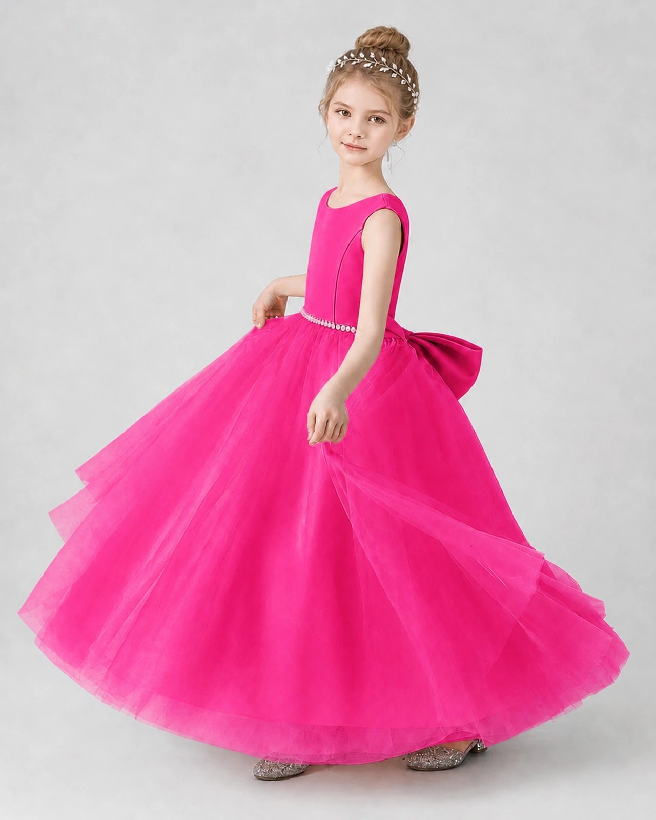 Hot Pink Satin And Tulle Ball Gown Girls Formal Dress Side View