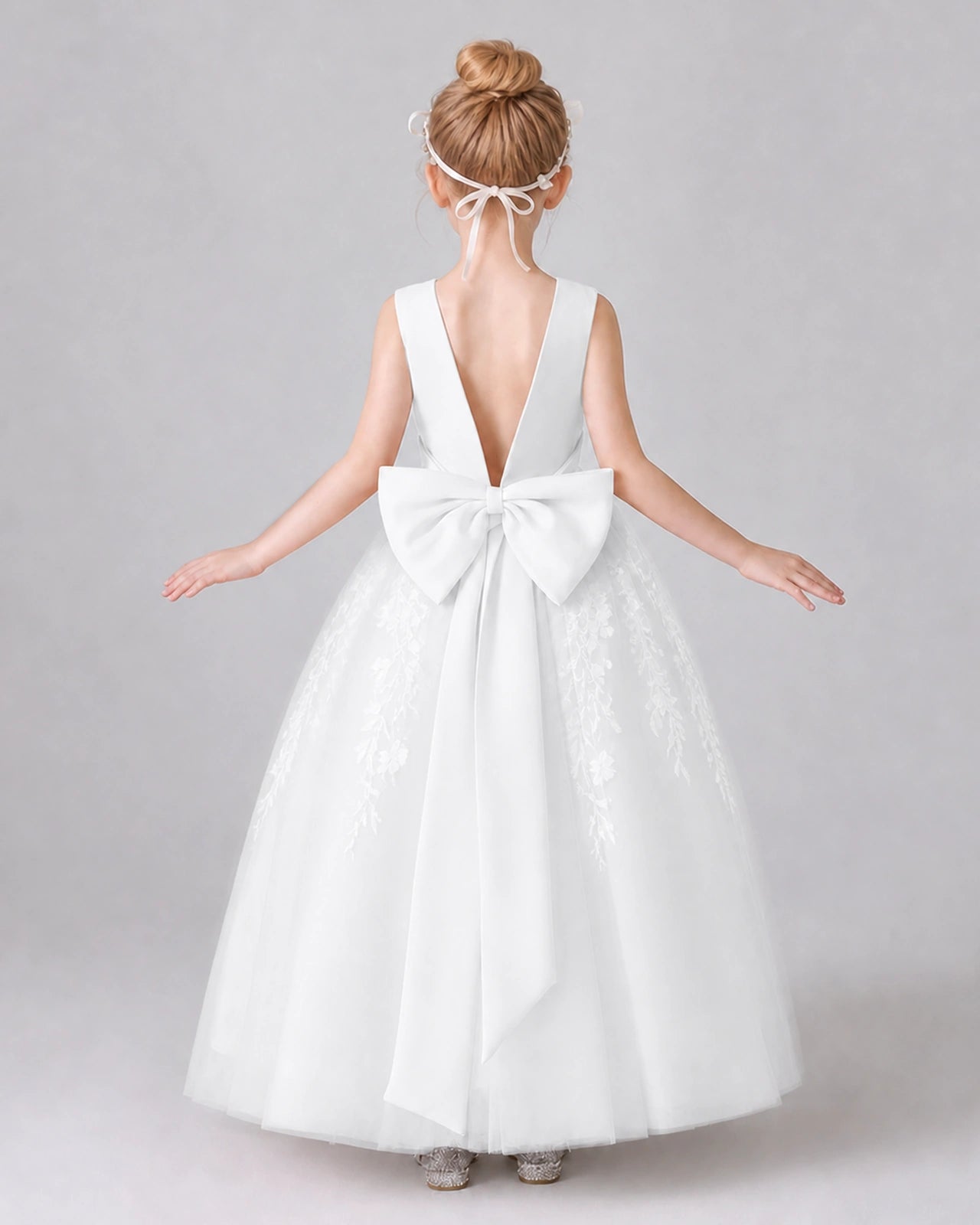 Ivory Satin Tulle A-line Girls Formal Dress Back View