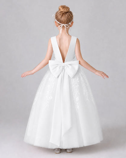 Ivory Satin Tulle A-line Girls Formal Dress Back View