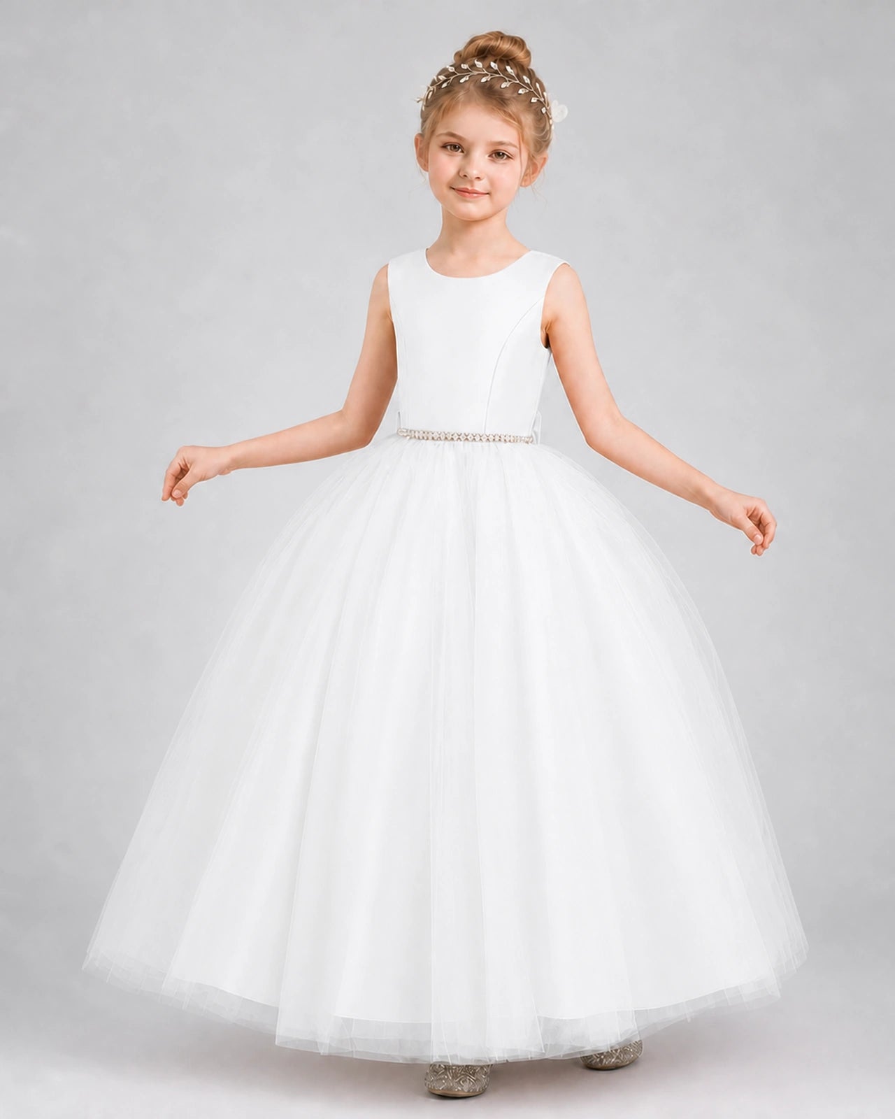 Ivory Satin and Tulle Ball Gown Girls Formal Dress Front View