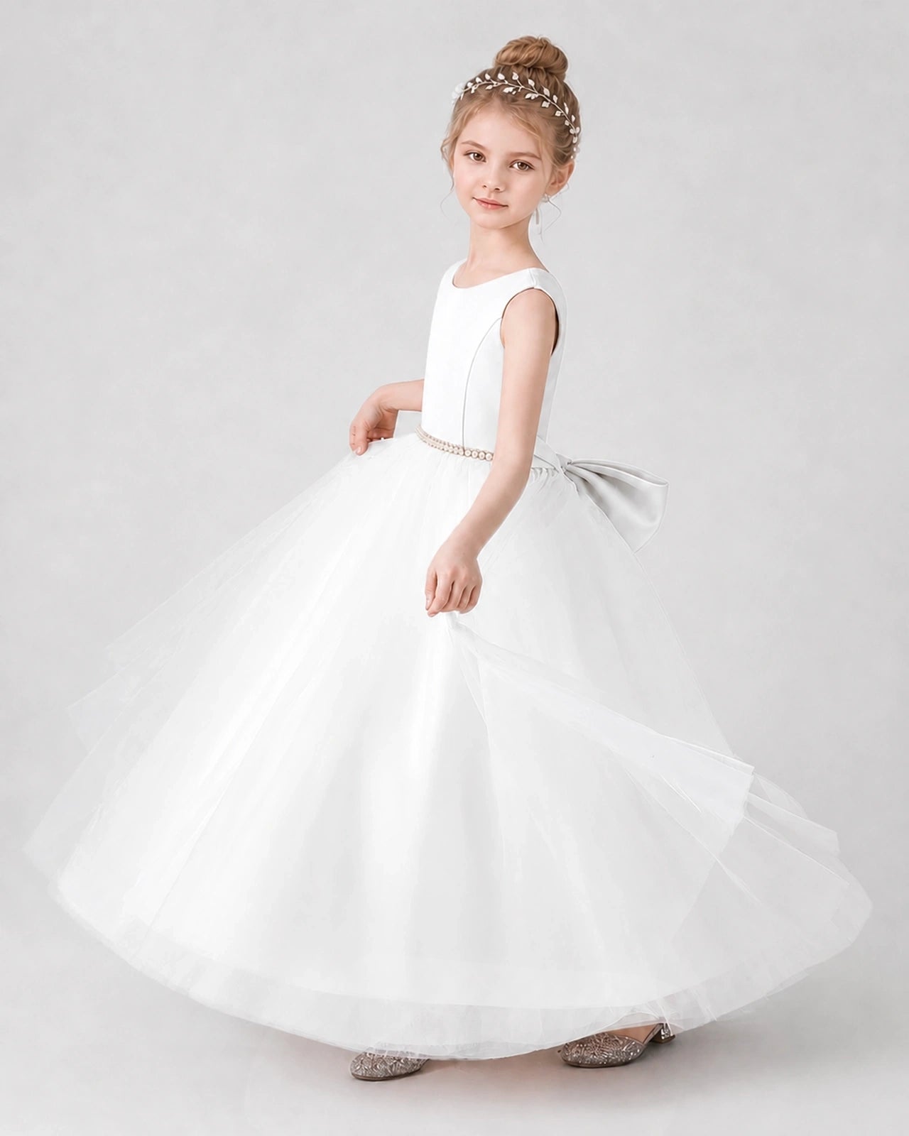 Ivory Satin Tulle Ball Gown Girls Formal Dress Side View