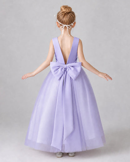 Lavender Satin And Tulle A-line Girls Formal Dress Back View