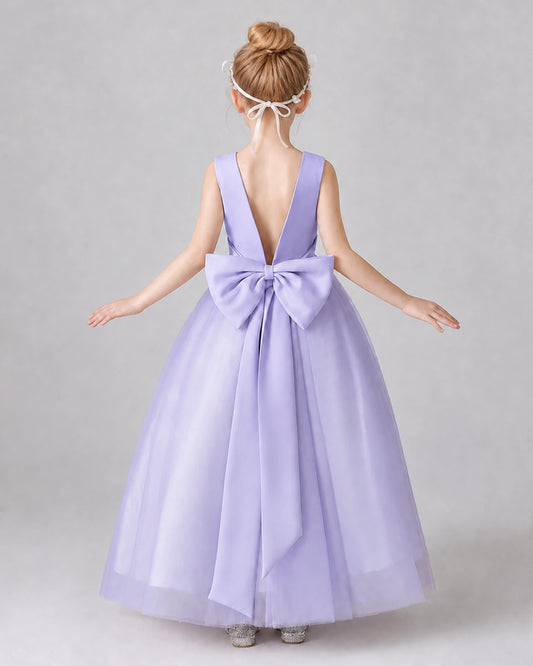 Lavender Satin And Tulle A-line Girls Formal Dress Back View