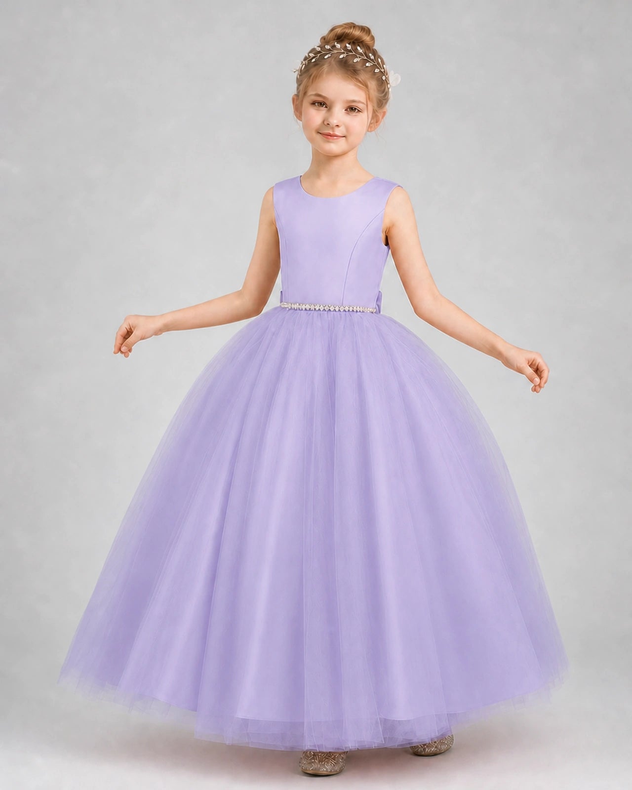 Lavender Satin And Tulle Ball Gown Girls Formal Dress Front View