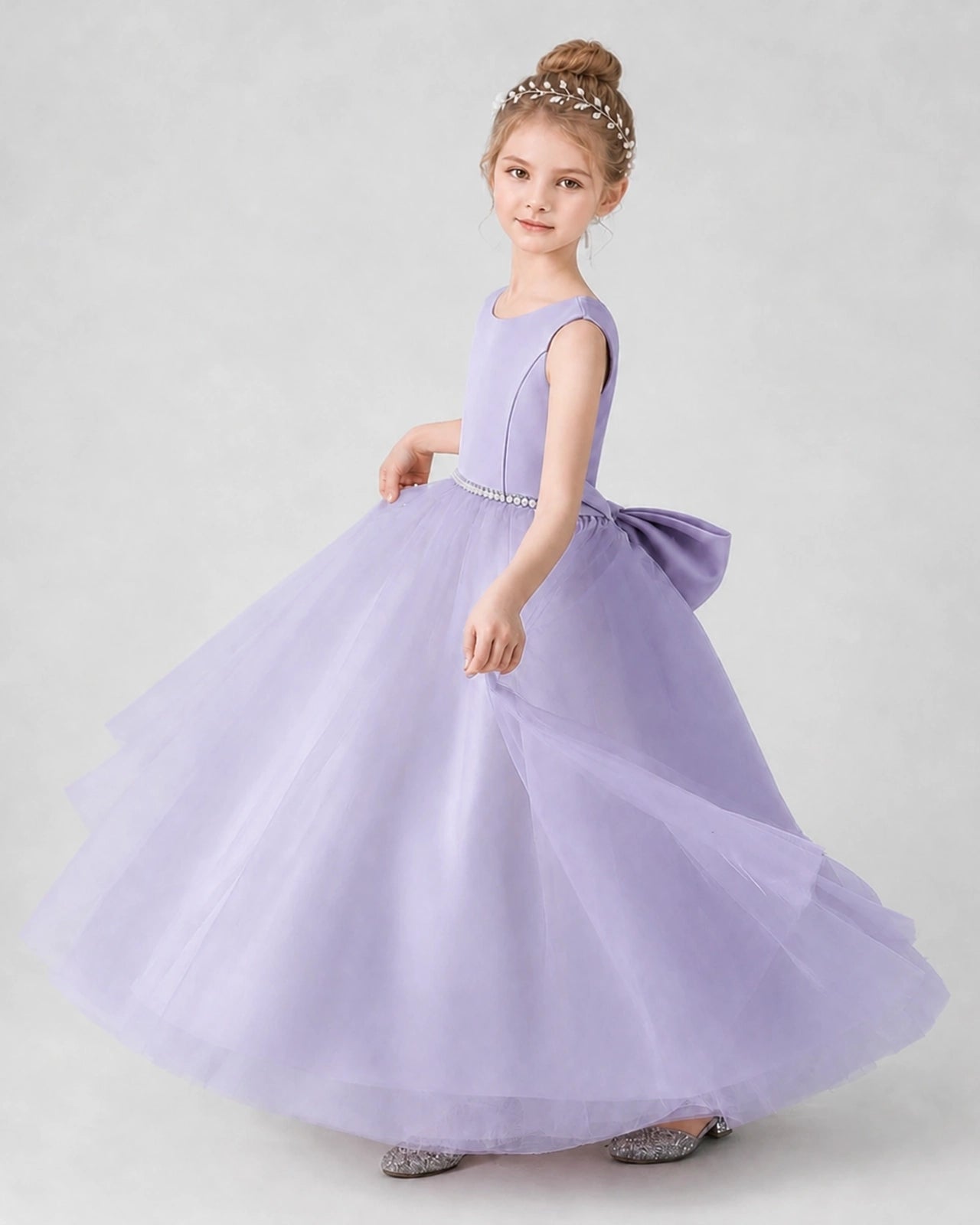 Lavender Satin and Tulle Ball Gown Girls Formal Dress Side View