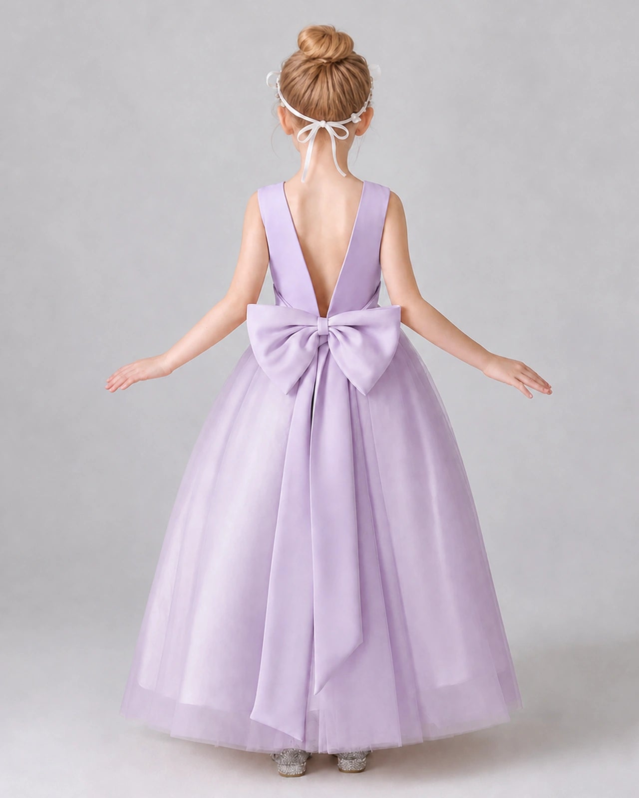 Lilac Satin Tulle A-line Girls Formal Dress Back View