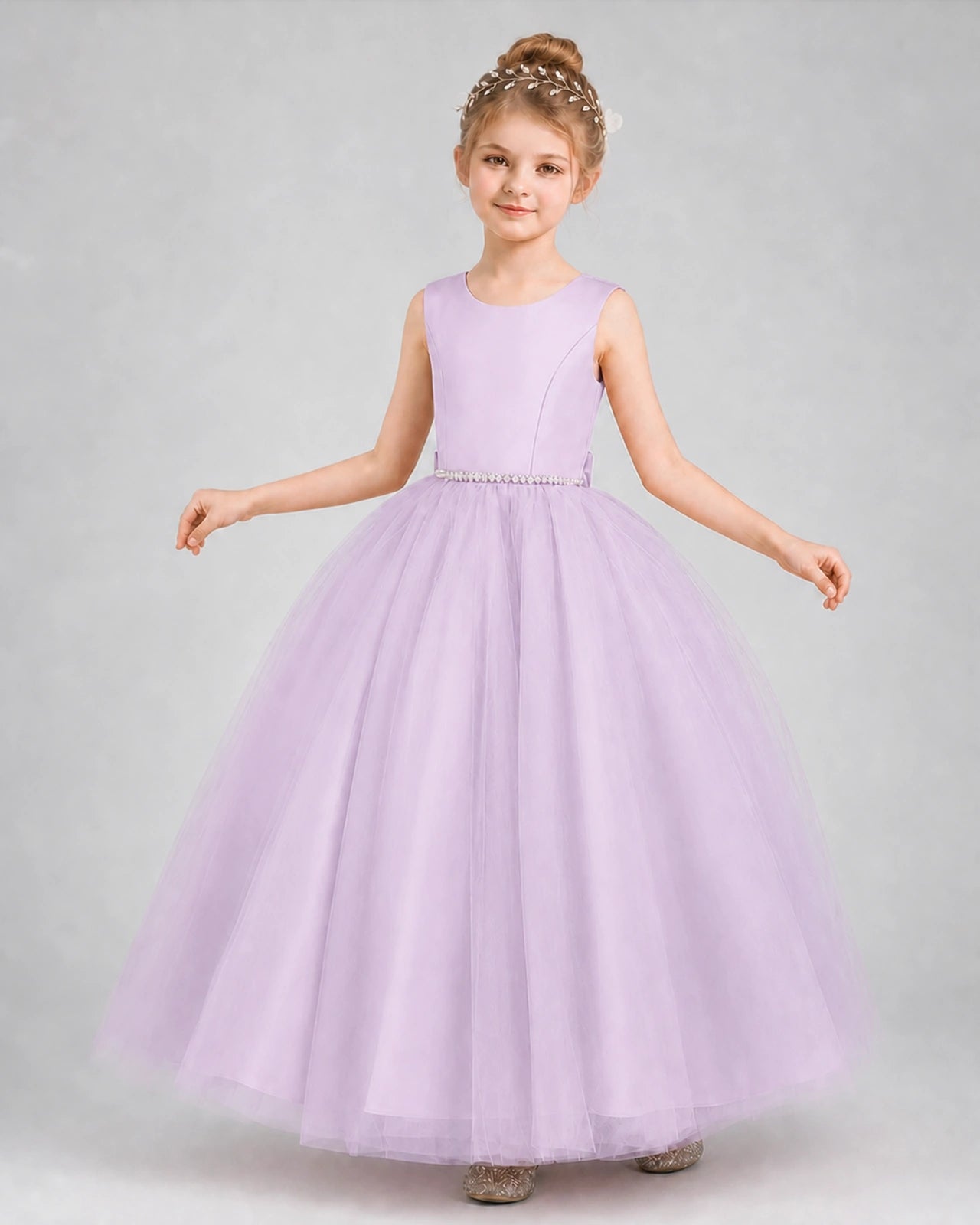 Lilac Satin Tulle A-line Girls Formal Dress Front View