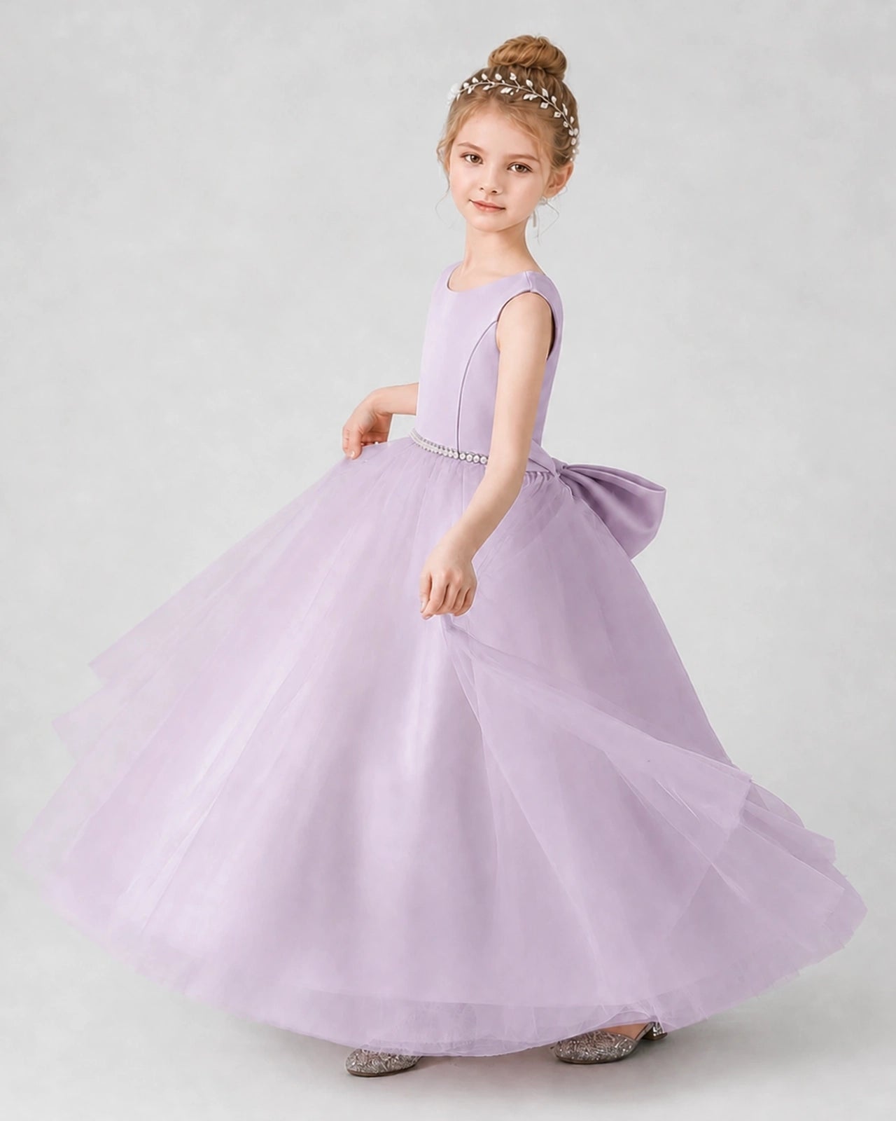 Lilac Satin and Tulle Ball Gown Girls Formal Dress Side View