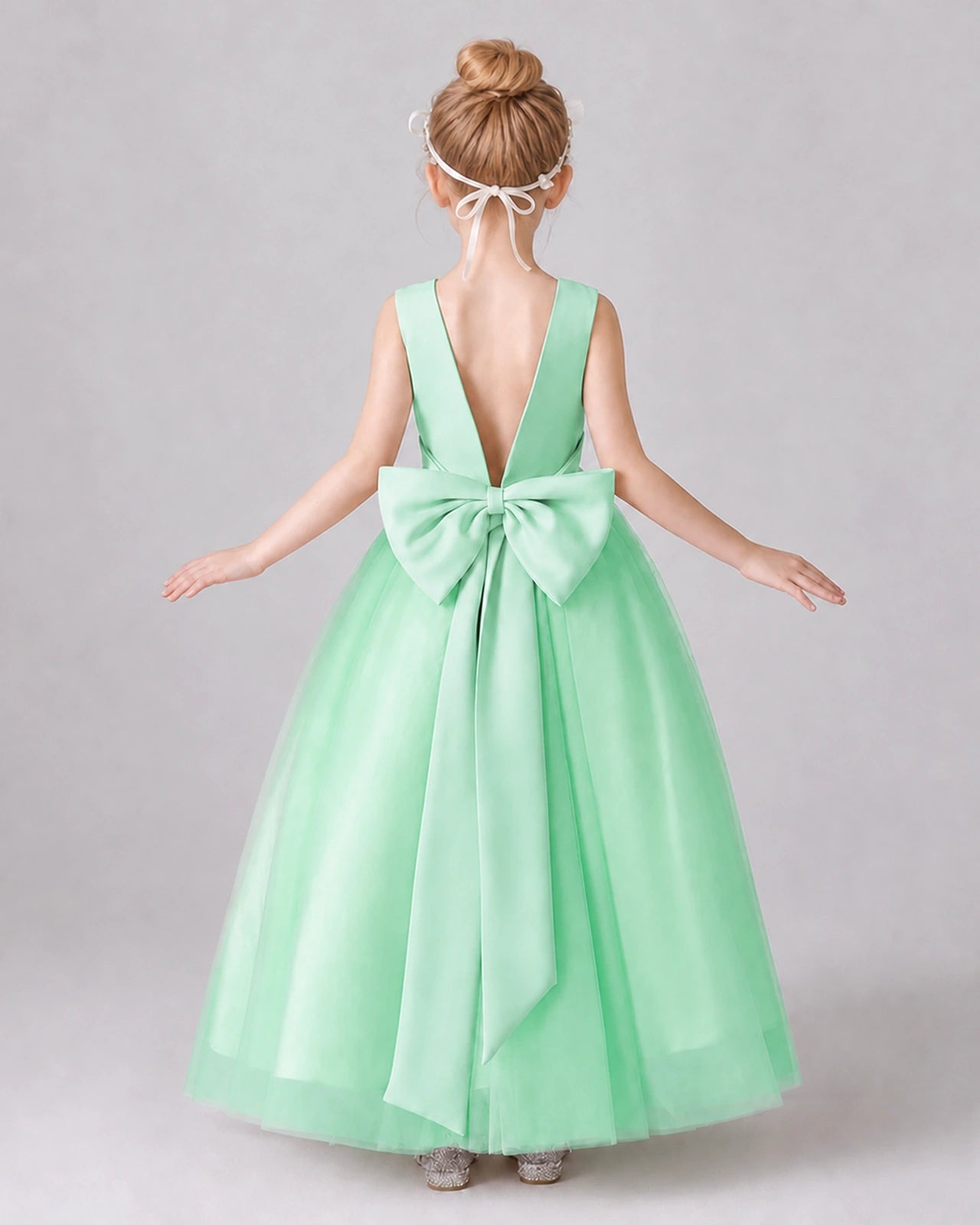 Mint Green Satin Tulle A-line Girls Formal Dress Back View