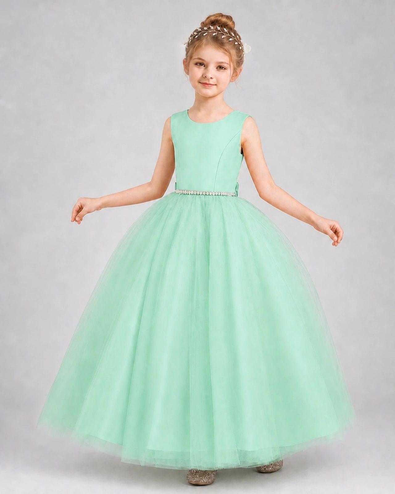 Mint Green Satin And Tulle Ball Gown Girls Formal Dress Front View