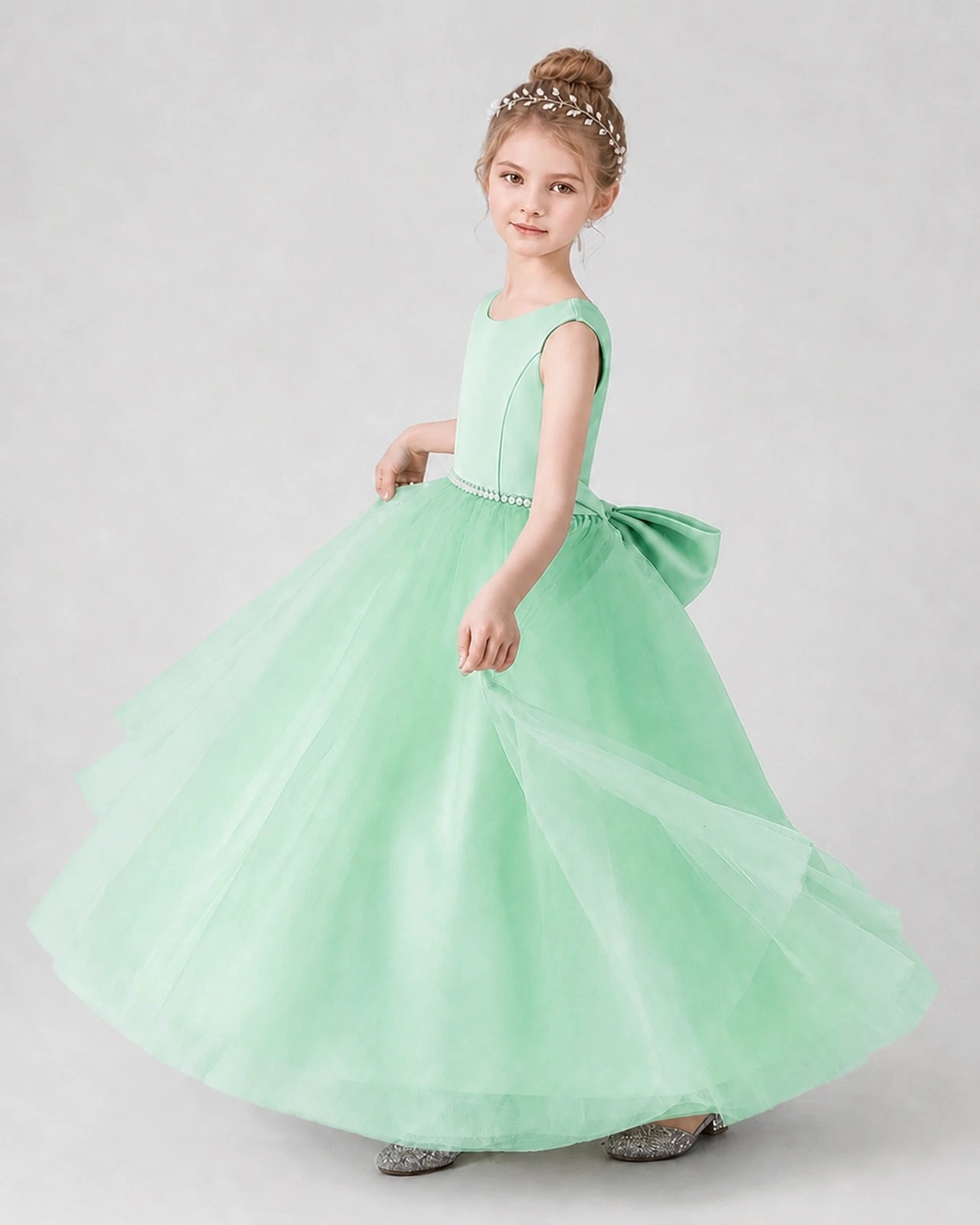 Mint Green Satin Ball Gown Girls Formal Dress Side View