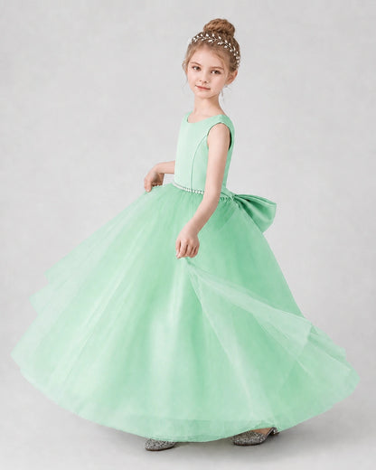 Mint Green Satin Ball Gown Girls Formal Dress Side View