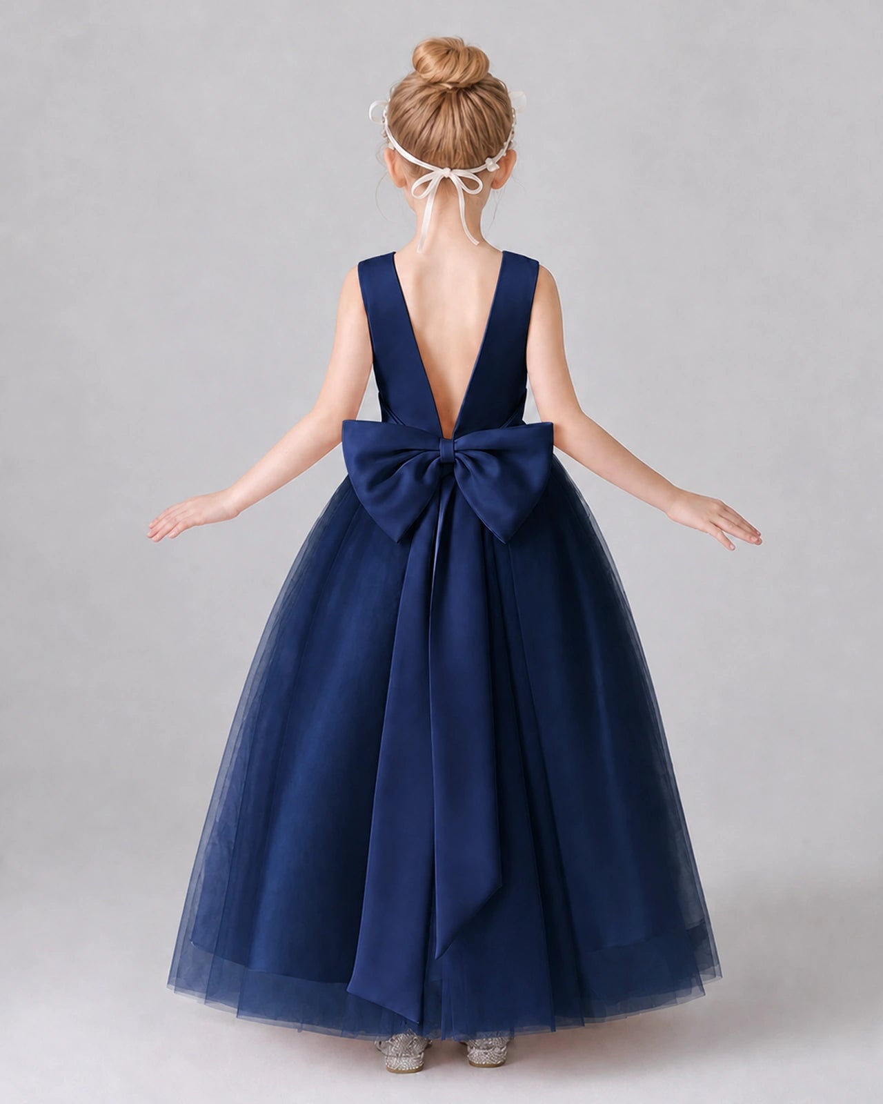 Navy Blue Satin Tulle A-line Girls Formal Dress Back View