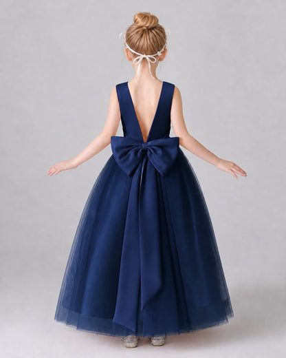 Navy Blue Satin Tulle A-line Girls Formal Dress Back View