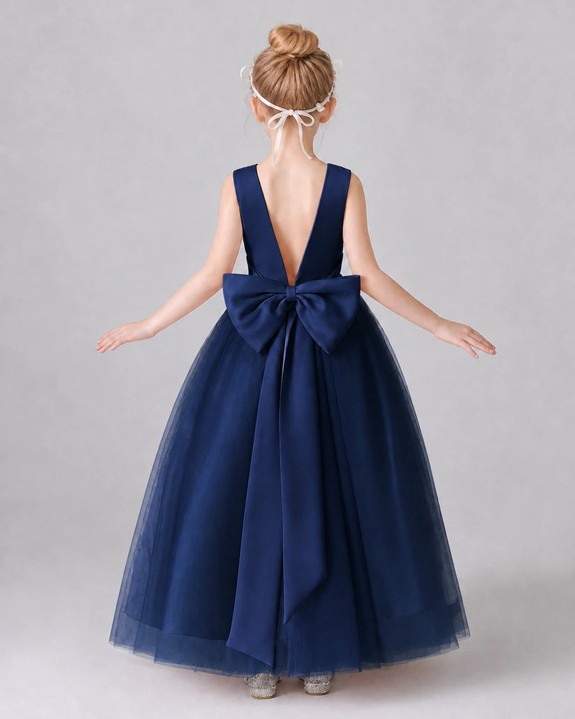Navy Blue Satin Tulle A-line Girls Formal Dress Back View