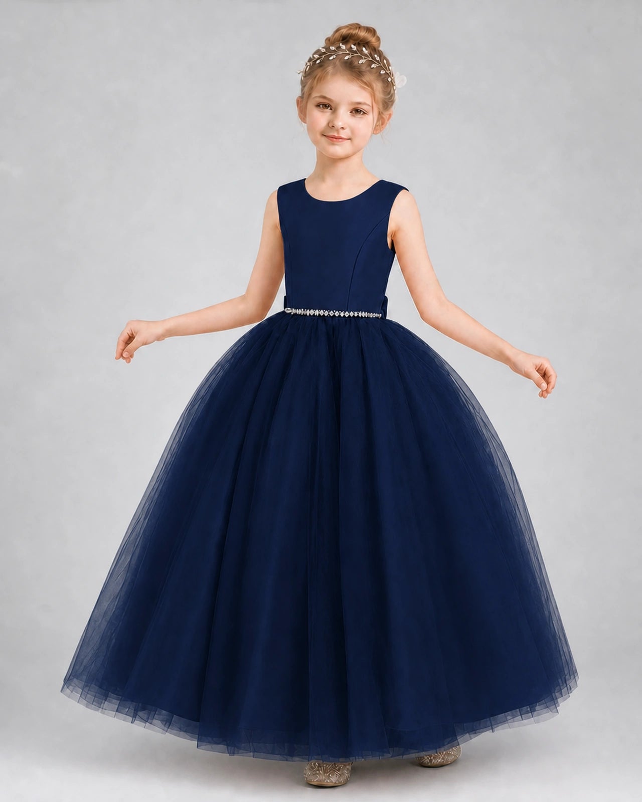 Navy Blue Satin Tulle Ball Gown Girls Formal Dress Front View