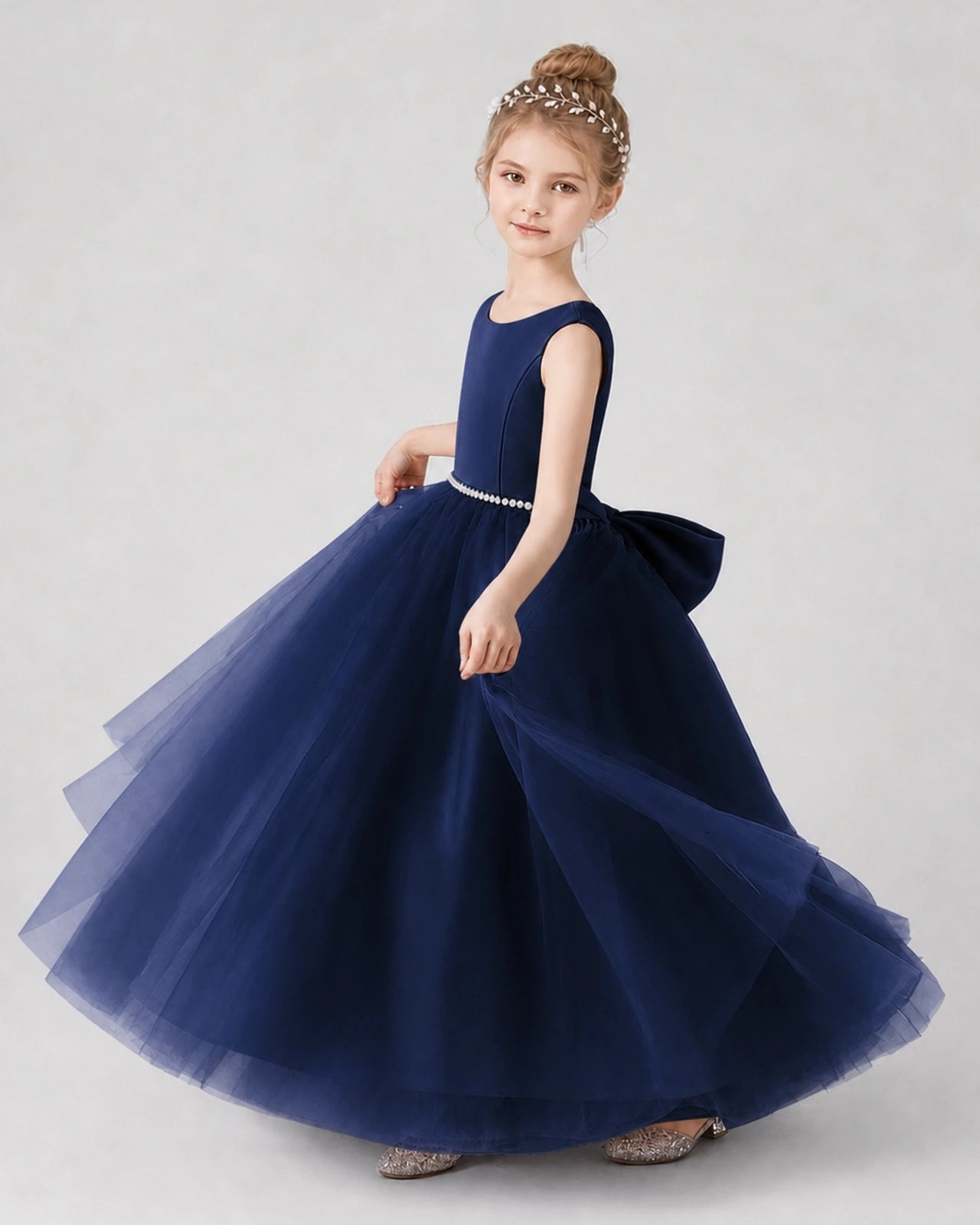 Navy Blue Satin Tulle Ball Gown Girls Formal Dress Side View