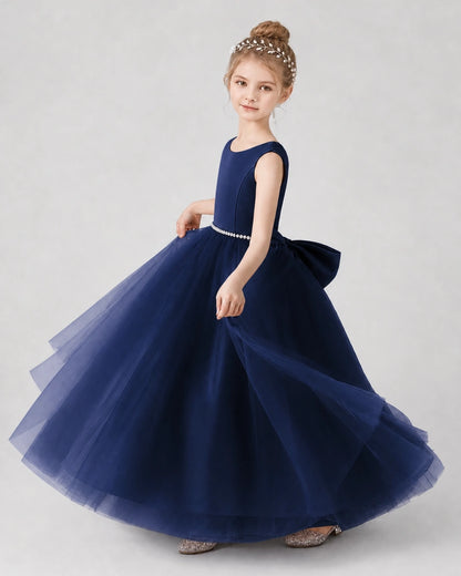 Navy Blue Satin Tulle Ball Gown Girls Formal Dress Side View
