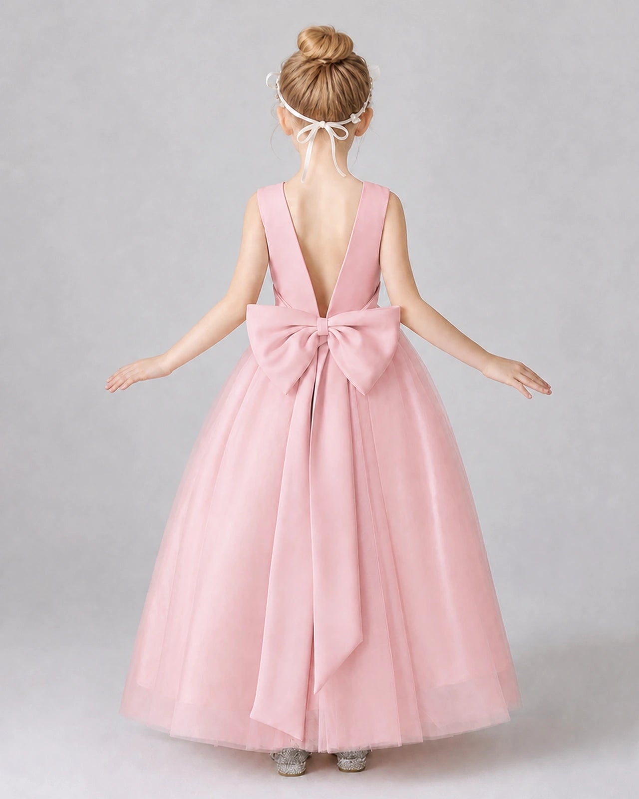 Pink Satin and Tulle A-line Girls Formal Dress Back View