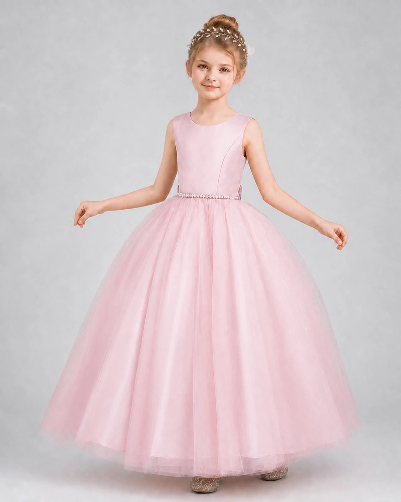 Pink Satin And Tulle Ball Gown Girls Formal Dress Front View