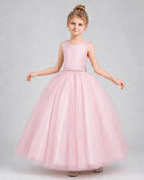 Pink Satin And Tulle Ball Gown Girls Formal Dress Front View