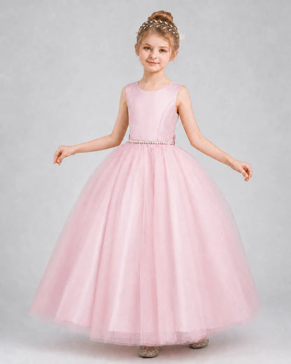Pink Satin And Tulle Ball Gown Girls Formal Dress Front View