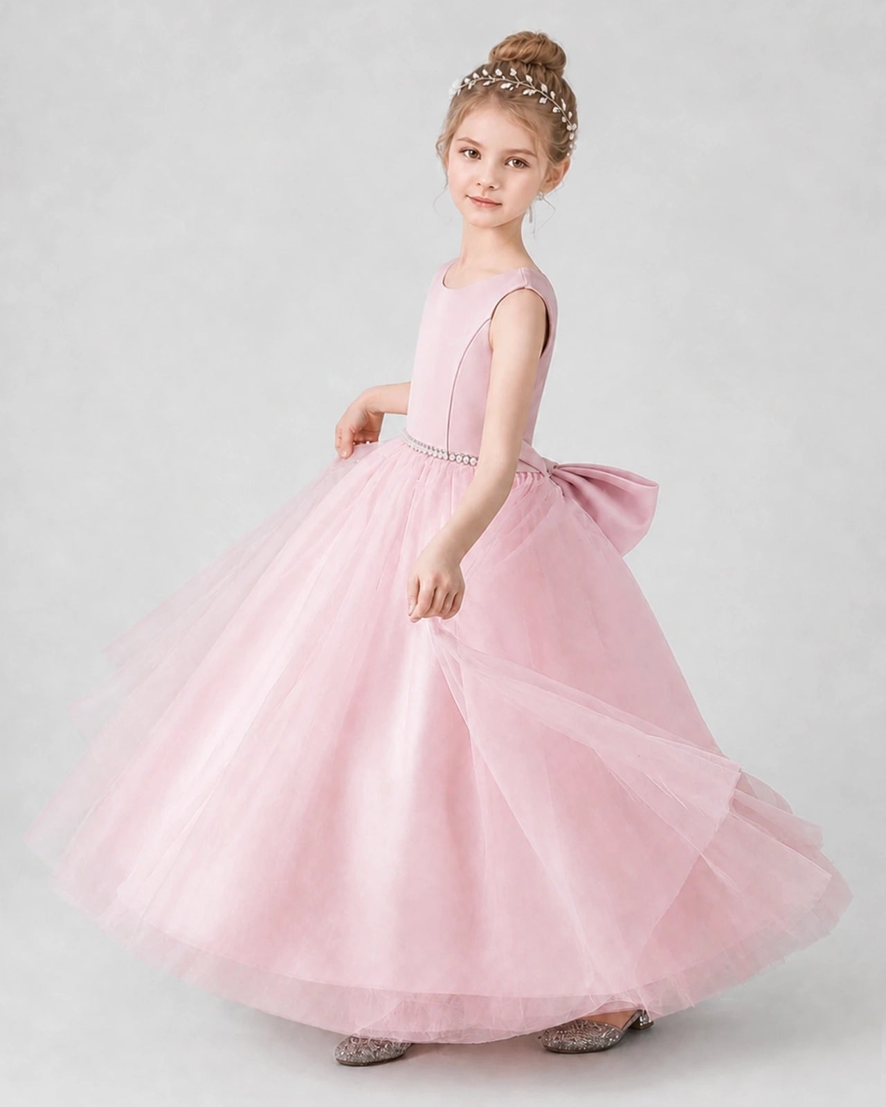Pink Satin Tulle A-line Girls Formal Dress Side View