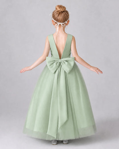 Sage Green Satin Tulle A-line Girls Formal Dress Back View