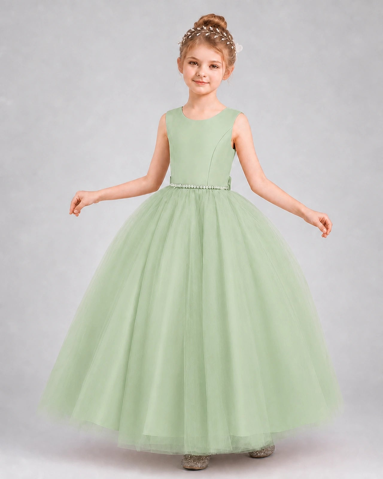 Sage Green Satin and Tulle Ball Gown Girls Formal Dress Front View