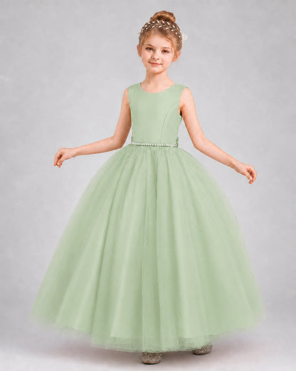 Sage Green Satin and Tulle Ball Gown Girls Formal Dress Front View