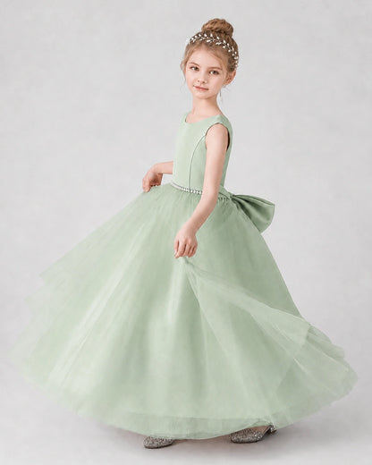 Sage Green Satin Tulle A-line Girls Formal Dress Side View